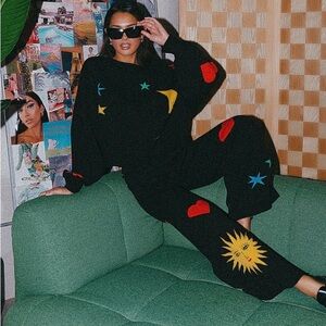 Dressed in LaLa Black Star and Sun Patterned Women's Knit Set